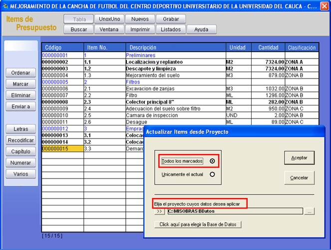 Actualice los precios de un proyecto con base en los precios de otro de forma automática y selectiva: a todos, a los seleccionados, solo insumos, solo unitarios, etc.